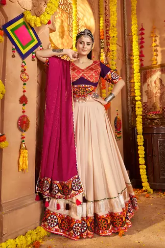 Beige Viscose Rayon Lehenga Choli with Thread Embroidery & Mirror Work     Navratri Special