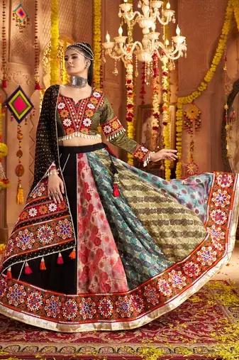 Black Viscose Rayon Lehenga Choli with Thread Embroidery & Mirror Work     Navratri Special
