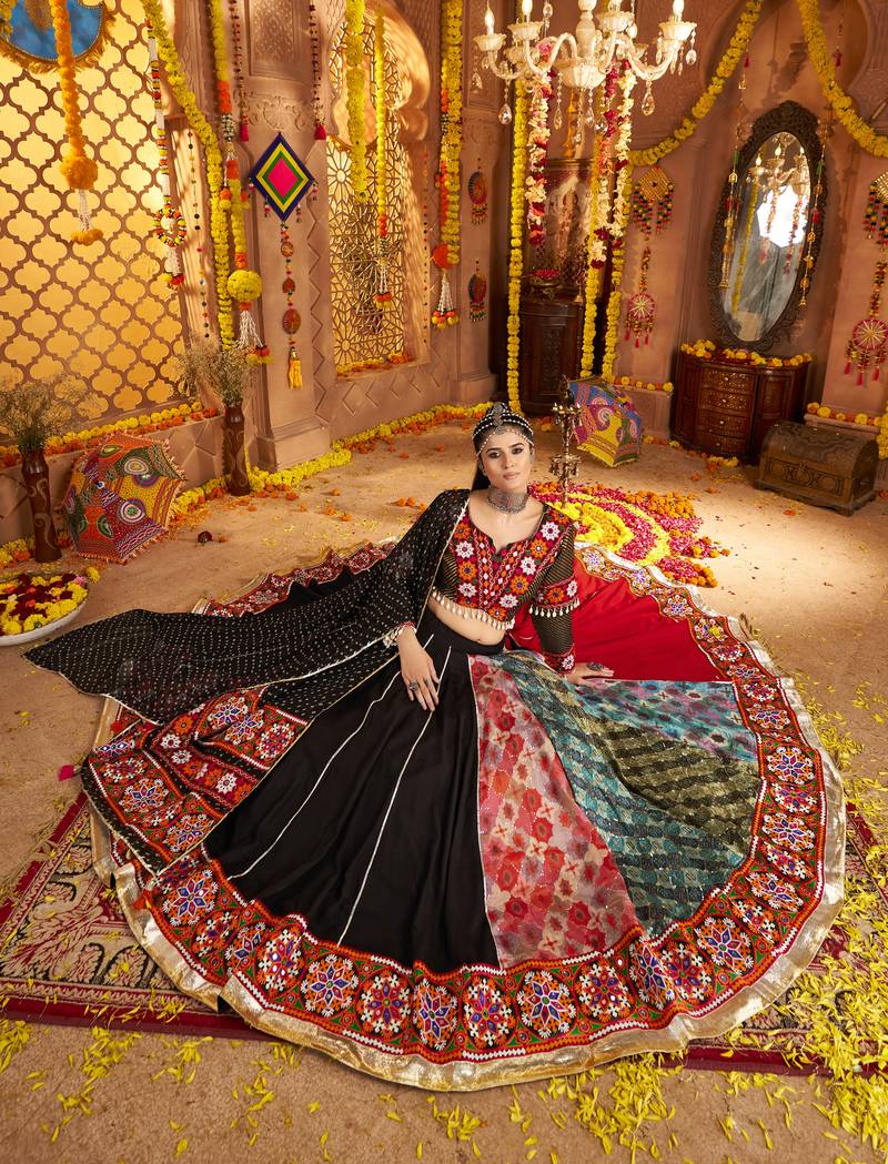 Black Viscose Rayon Lehenga Choli with Thread Embroidery & Mirror Work     Navratri Special