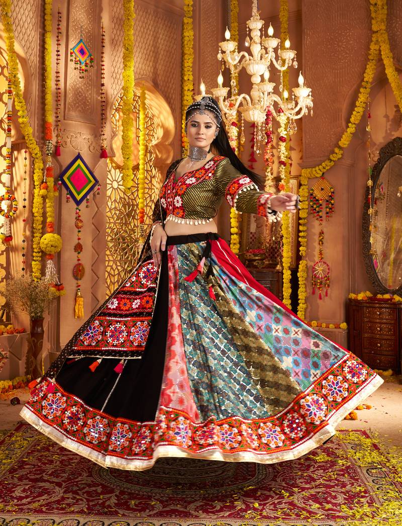 Black Viscose Rayon Lehenga Choli with Thread Embroidery & Mirror Work     Navratri Special