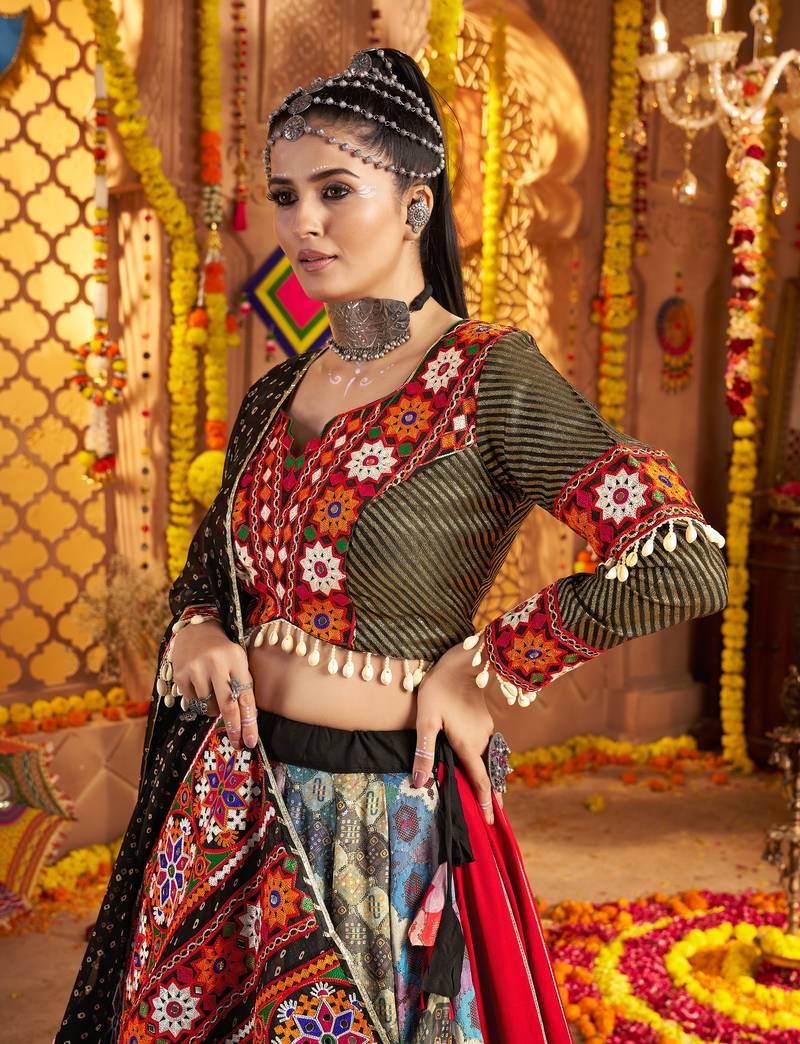 Black Viscose Rayon Lehenga Choli with Thread Embroidery & Mirror Work     Navratri Special