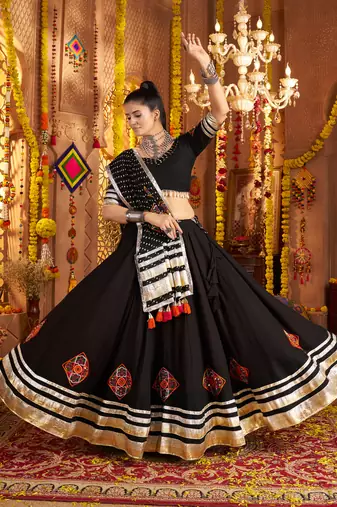 Black Viscose Rayon Lehenga Choli with Thread Embroidery & Mirror Work     Stitched Festive Wear