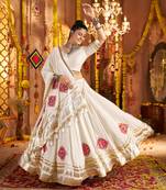 White Navratri Lehenga Choli with Yellow Mirror-Work Blouse & Latkans Perfect Garba Dress