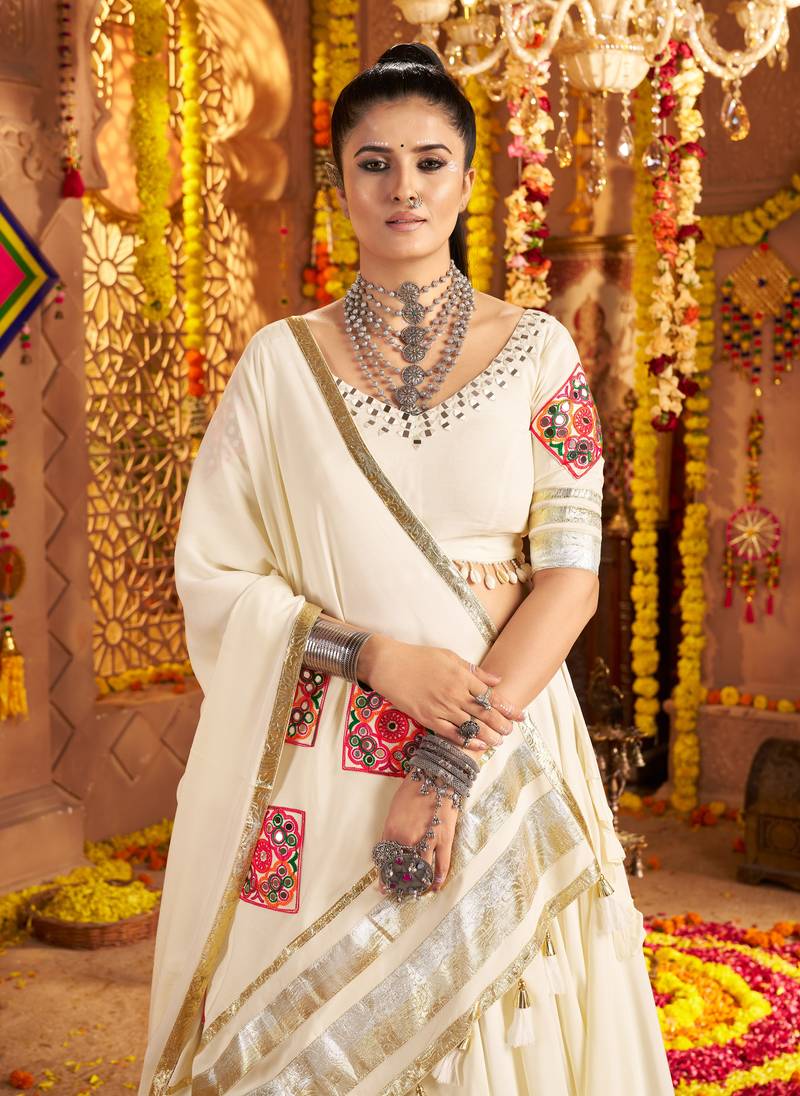 White Navratri Lehenga Choli with Yellow Mirror-Work Blouse & Latkans Perfect Garba Dress