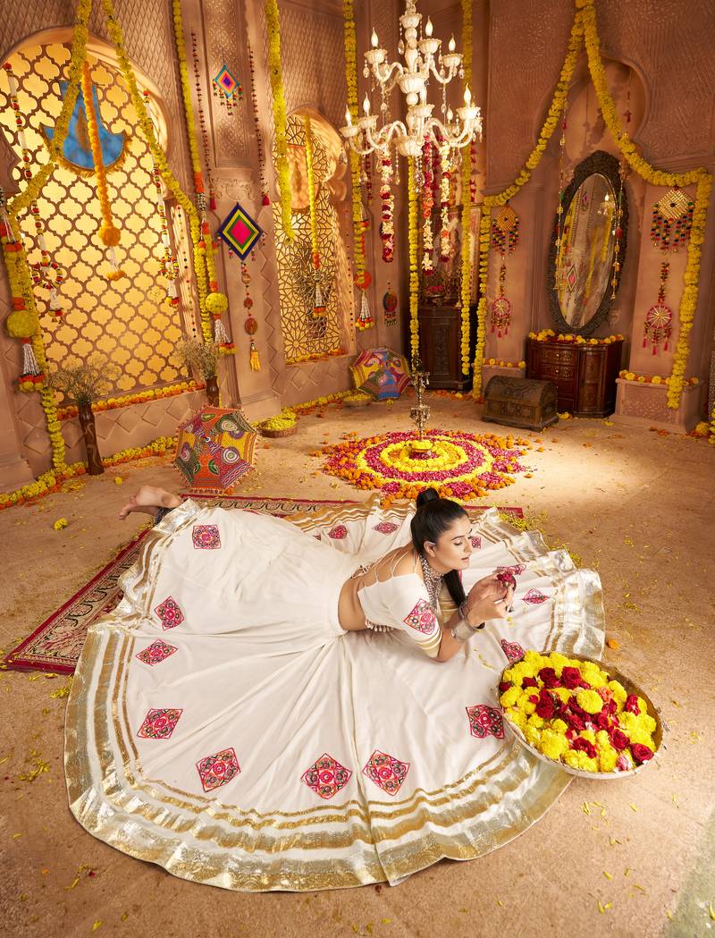 White Navratri Lehenga Choli with Yellow Mirror-Work Blouse & Latkans Perfect Garba Dress