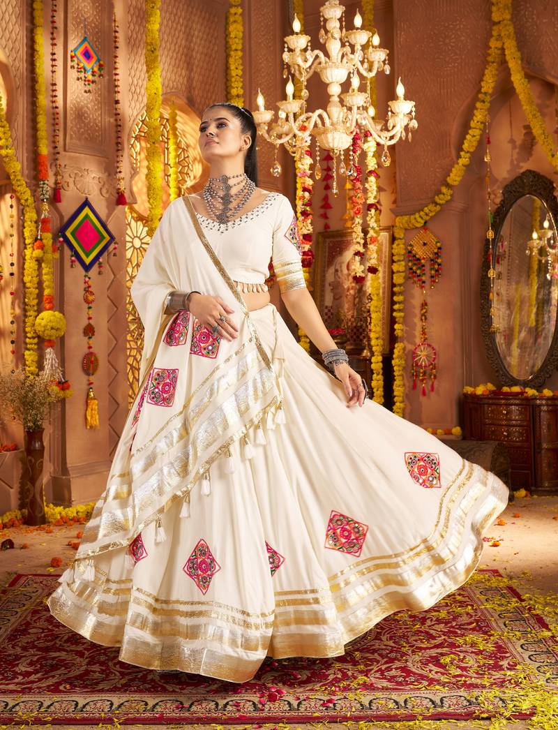 White Navratri Lehenga Choli with Yellow Mirror-Work Blouse & Latkans Perfect Garba Dress