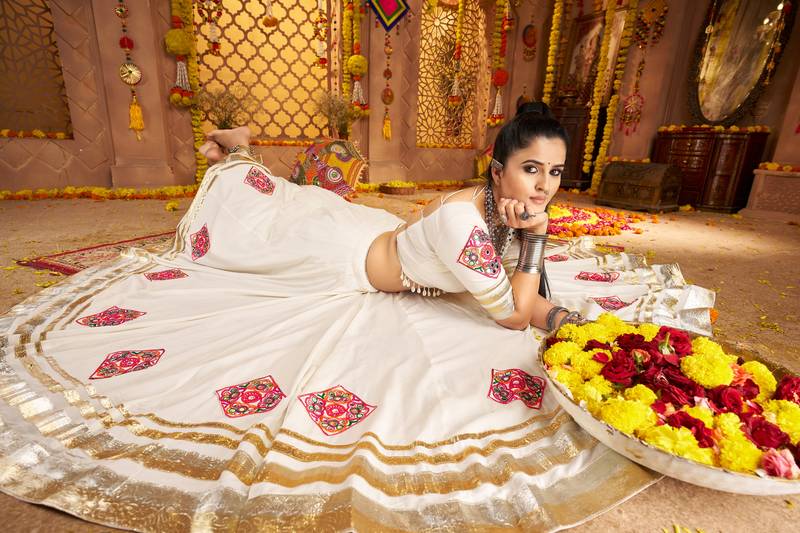 White Navratri Lehenga Choli with Yellow Mirror-Work Blouse & Latkans Perfect Garba Dress