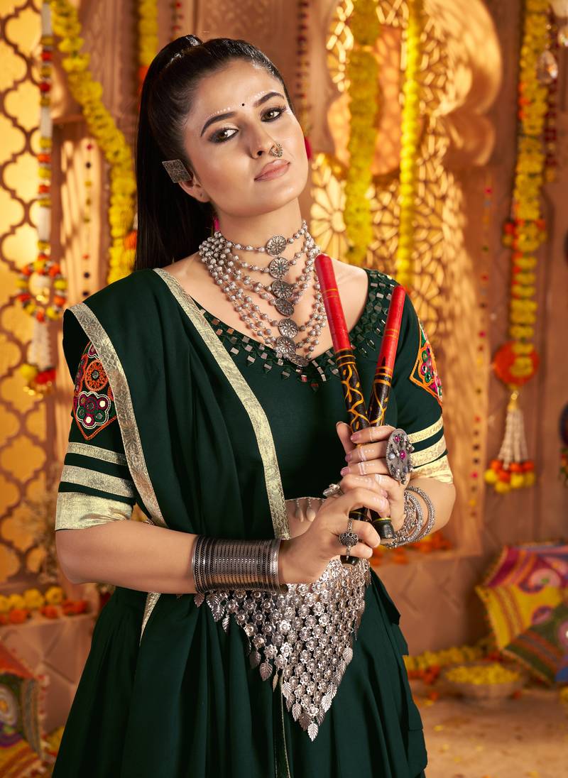 Green Viscose Rayon Lehenga Choli with Thread Embroidery & Mirror Work     Navratri Special