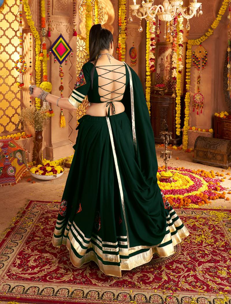 Green Viscose Rayon Lehenga Choli with Thread Embroidery & Mirror Work     Navratri Special