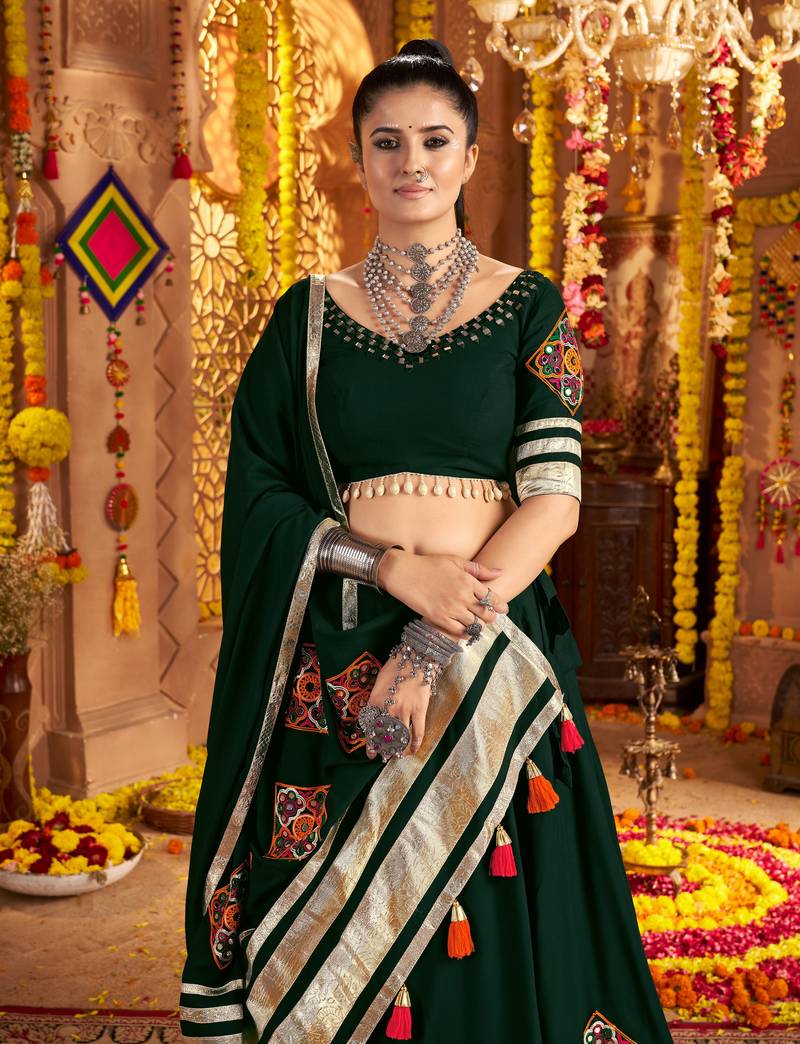 Green Viscose Rayon Lehenga Choli with Thread Embroidery & Mirror Work     Navratri Special