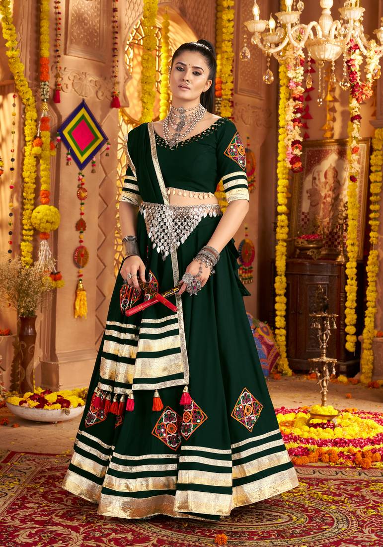Green Viscose Rayon Lehenga Choli with Thread Embroidery & Mirror Work     Navratri Special