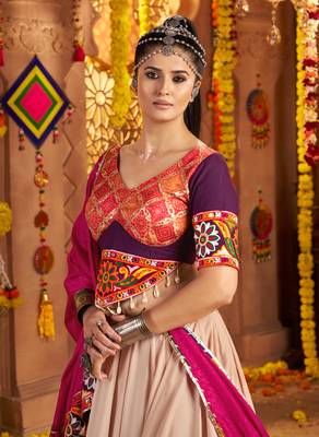 Beige Viscose Rayon Lehenga Choli with Thread Embroidery & Mirror Work     Navratri Special 7