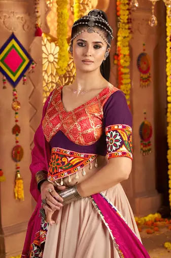 Beige Viscose Rayon Lehenga Choli with Thread Embroidery & Mirror Work     Navratri Special
