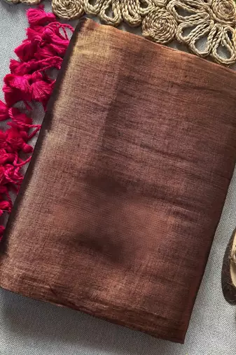 Brown handloom raga tissue dual tone saree with pom pom and blouse