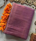 Light lavender handloom raga tissue dual tone saree with pom pom and blouse