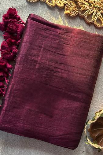 Wine handloom raga tissue dual tone saree with pom pom and blouse