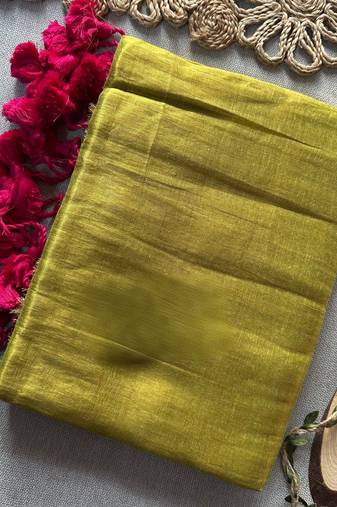Yellow handloom raga tissue dual tone saree with pom pom and blouse