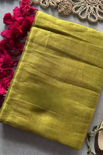Yellow handloom raga tissue dual tone saree with pom pom and blouse