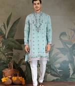Sky blue viscose silk thead with sequins embroidered work wedding function festival party wear straight kurta