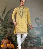 Yellow viscose silk thead with sequins embroidered work wedding function festival party wear straight kurta