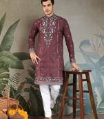 Brown viscose silk thead with sequins embroidered work wedding function festival party wear straight kurta