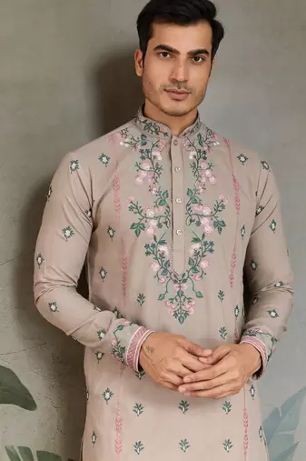 silk with sequins embroidered beige straight kurta