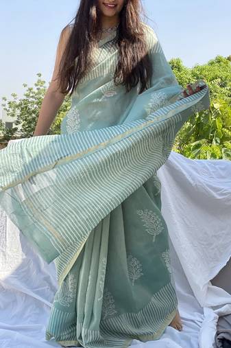 Blue chanderi silk with gold border patti digital printed saree with blouse