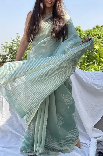 Blue chanderi silk with gold border patti digital printed saree with blouse
