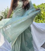 Blue chanderi silk with gold border patti digital printed saree with blouse