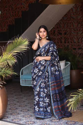Blue chanderi silk with gold border patti digital printed saree