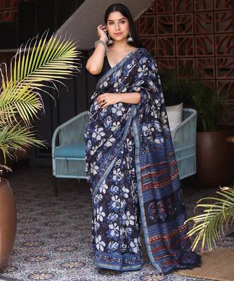 Blue chanderi silk with gold border patti digital printed saree 1