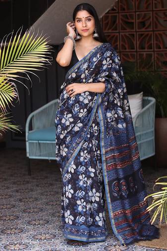 Blue chanderi silk with gold border patti digital printed saree