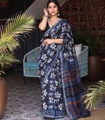 Blue chanderi silk with gold border patti digital printed saree