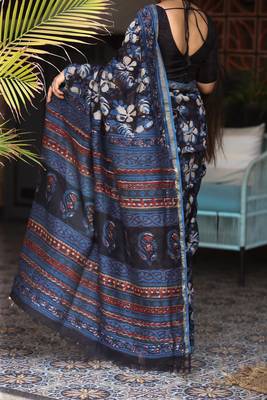 Blue chanderi silk with gold border patti digital printed saree 2