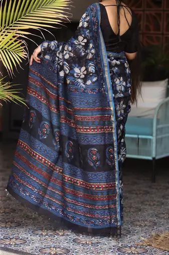 Blue chanderi silk with gold border patti digital printed saree
