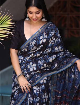 Blue chanderi silk with gold border patti digital printed saree 3