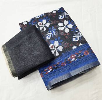 Blue chanderi silk with gold border patti digital printed saree 4