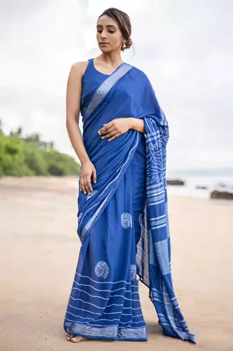 Blue linen zari with digital saree with blouse.