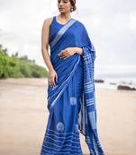 Blue linen zari with digital saree with blouse.
