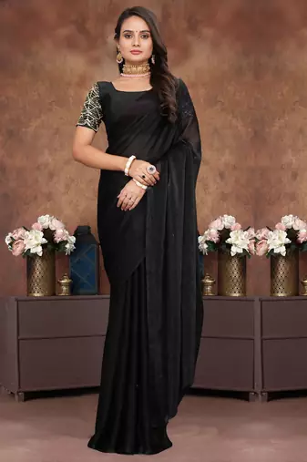 Black crush silk blend saree with stone work