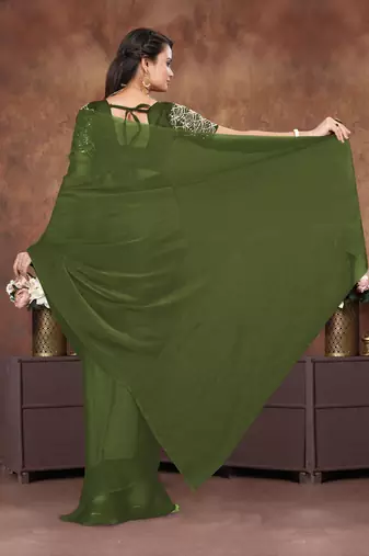 Darkgreen crush silk saree with stone work