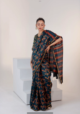 Blue chanderi silk gold border digital printed saree with blouse 1