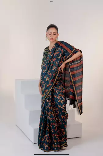 Blue chanderi silk gold border digital printed saree with blouse