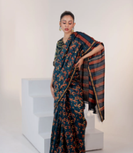 Blue chanderi silk gold border digital printed saree with blouse