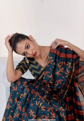 Blue chanderi silk gold border digital printed saree with blouse 2
