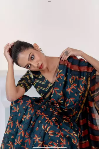 Blue chanderi silk gold border digital printed saree with blouse