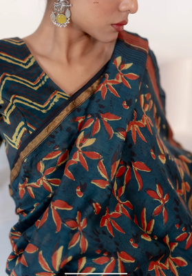 Blue chanderi silk gold border digital printed saree with blouse 3