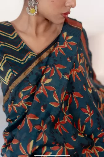 Blue chanderi silk gold border digital printed saree with blouse
