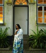 White chanderi silk gold border digital printed saree with blouse