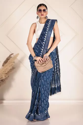 Blue linen zari printed saree with blouse.